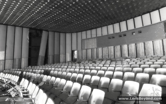 Seats inside the abandoned cinema