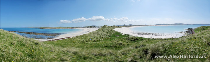 Panoramic photo with a near-symmetrrical curving sandy beach on both sides, surrounded by grass-covered sand dunes. The sky and sea  is deep blue.